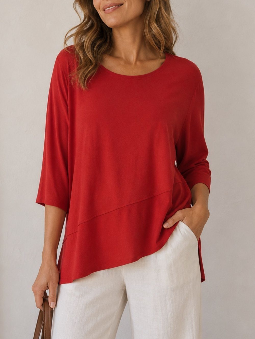 Eileen Fisher Brick Red Color 3/4 Sleeve Asymmetrical Hem Top Size 1X